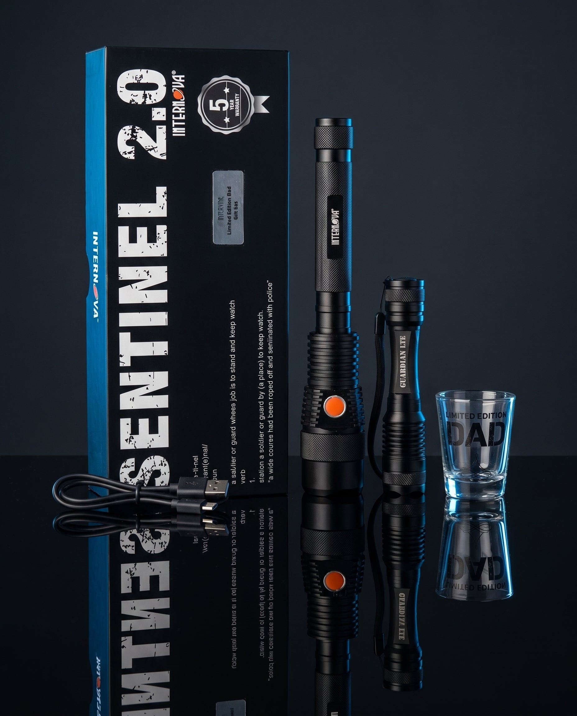 Dad Tactical Flashlight Bundle with Sentinel 2000, Guardian LTE, packaging, and Limited Edition Dad shot glass