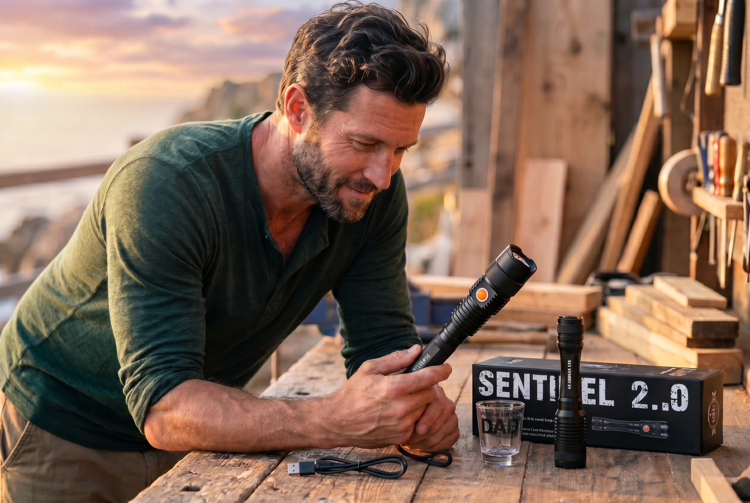 Dad opening the limited edition tactical flashlight gift set on a workbench