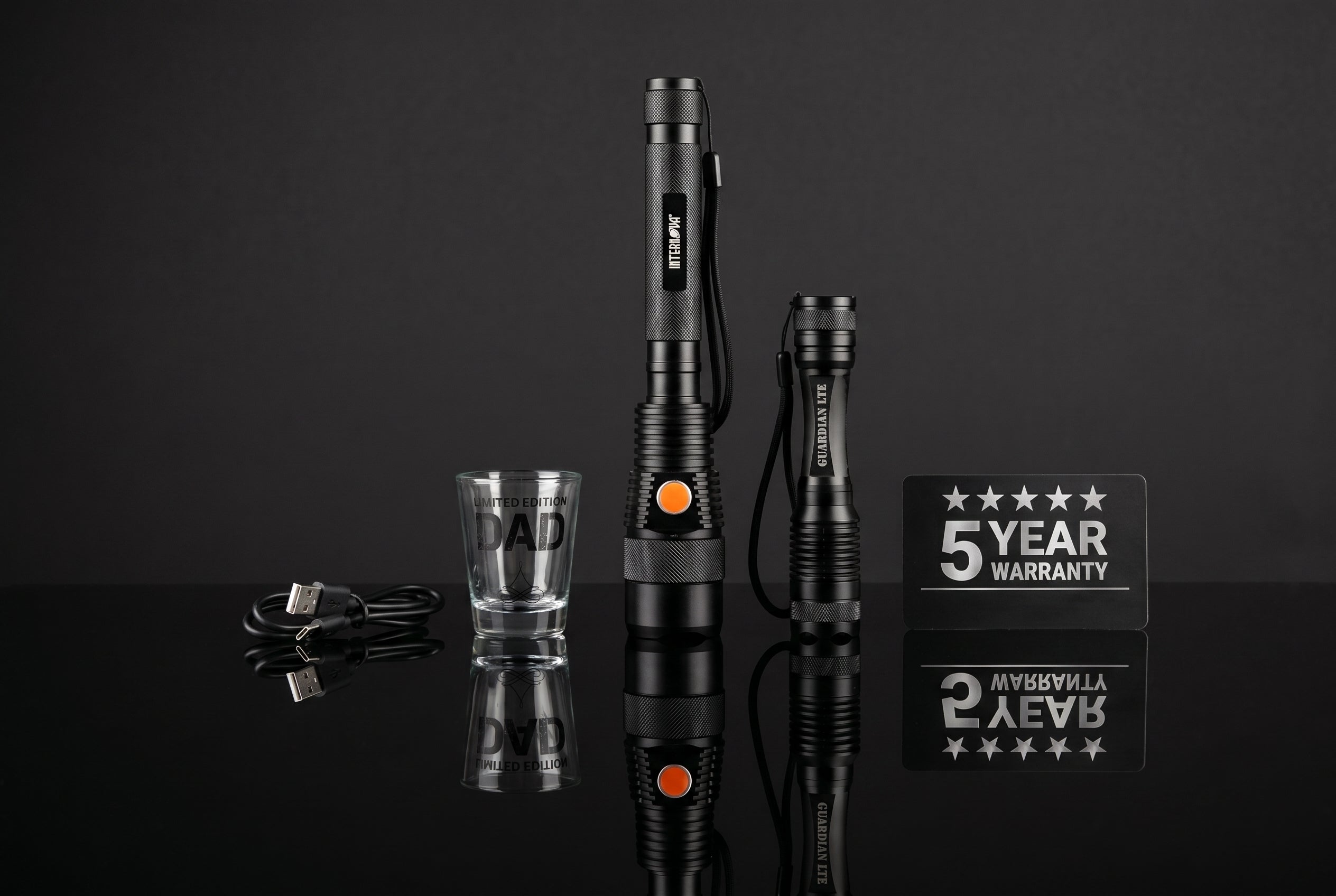 Intervine warranty and packaging trust image with Dad tactical flashlight bundle