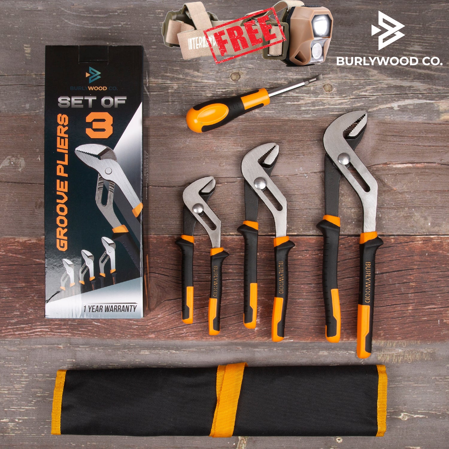 3 Piece Groove Pliers Set with Bonus Free Headlamp!
