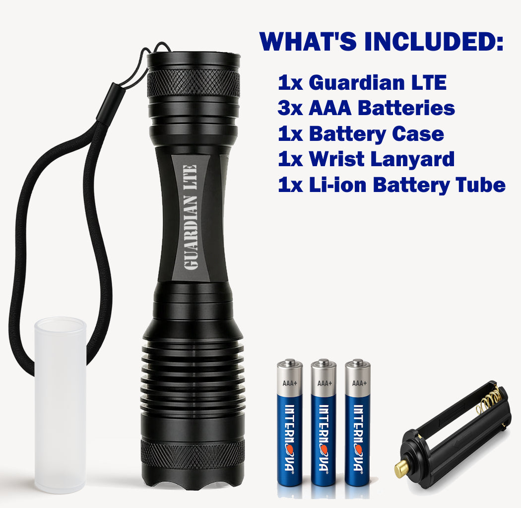 Guardian LTE with three AAA batteries, battery carrier, wrist lanyard, and 18650 sleeve.