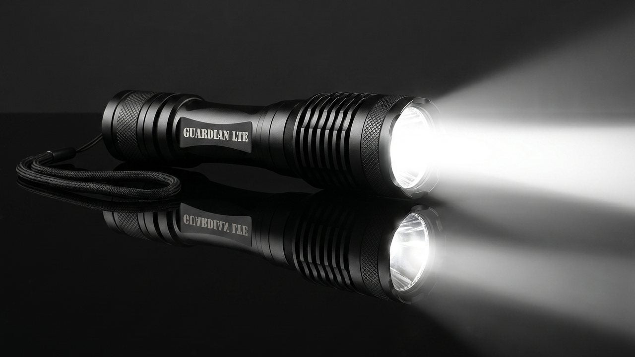 Guardian LTE tactical flashlight shining across a dark reflective surface
