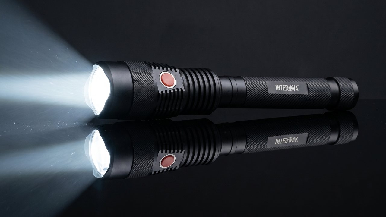 Sentinel 2000 tactical flashlight shining across a dark reflective surface