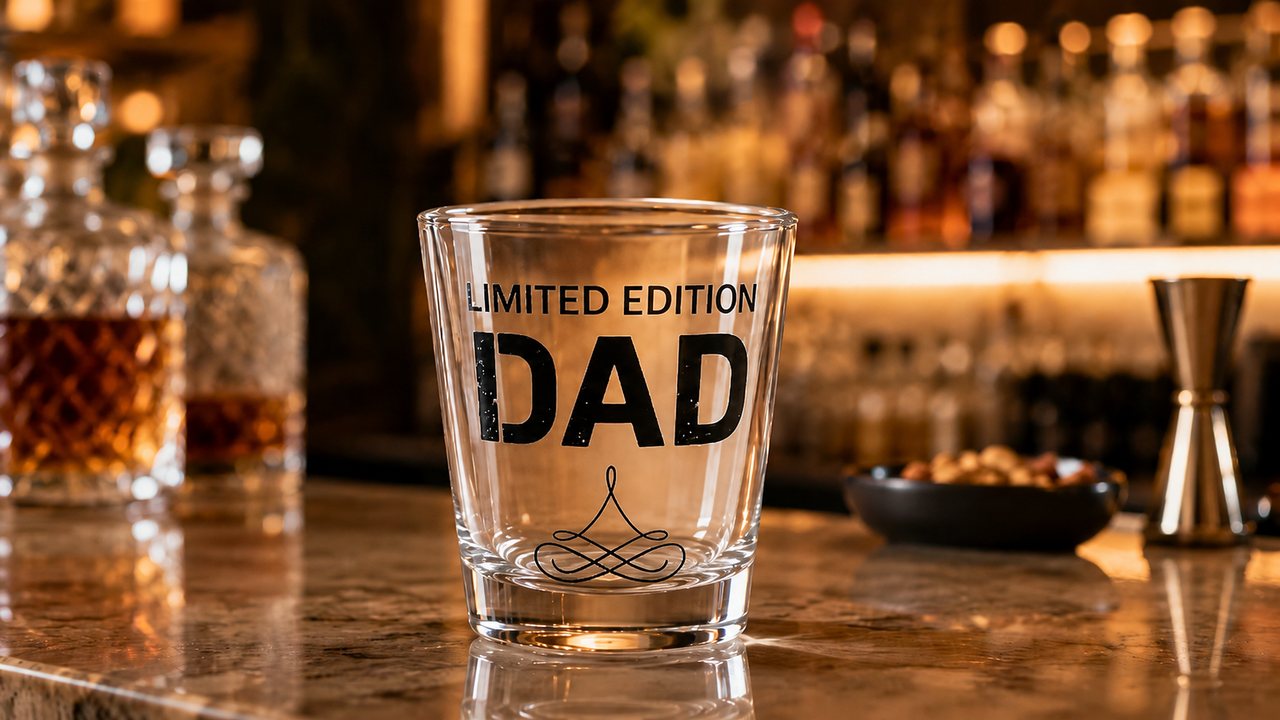 Limited Edition Dad shot glass on a warmly lit bar