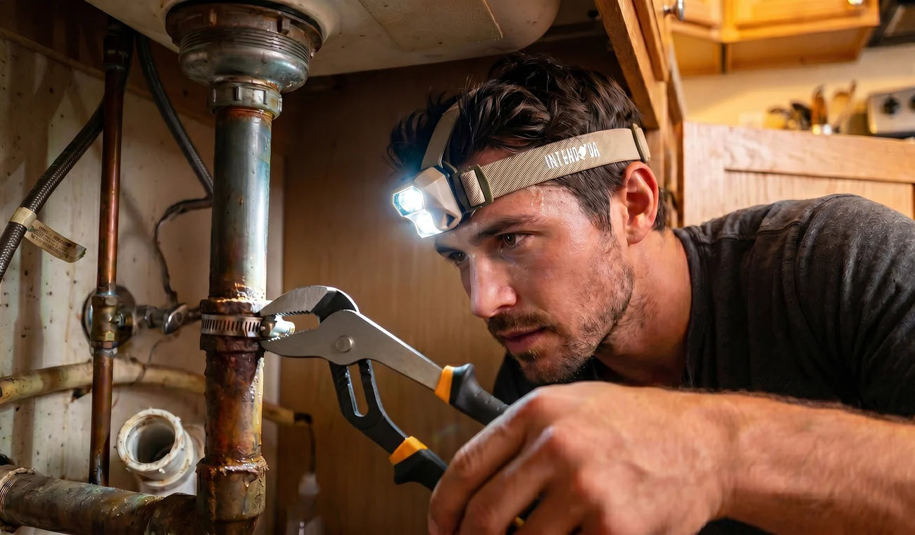 A man using the included headlamp while working on plumbing with groove pliers