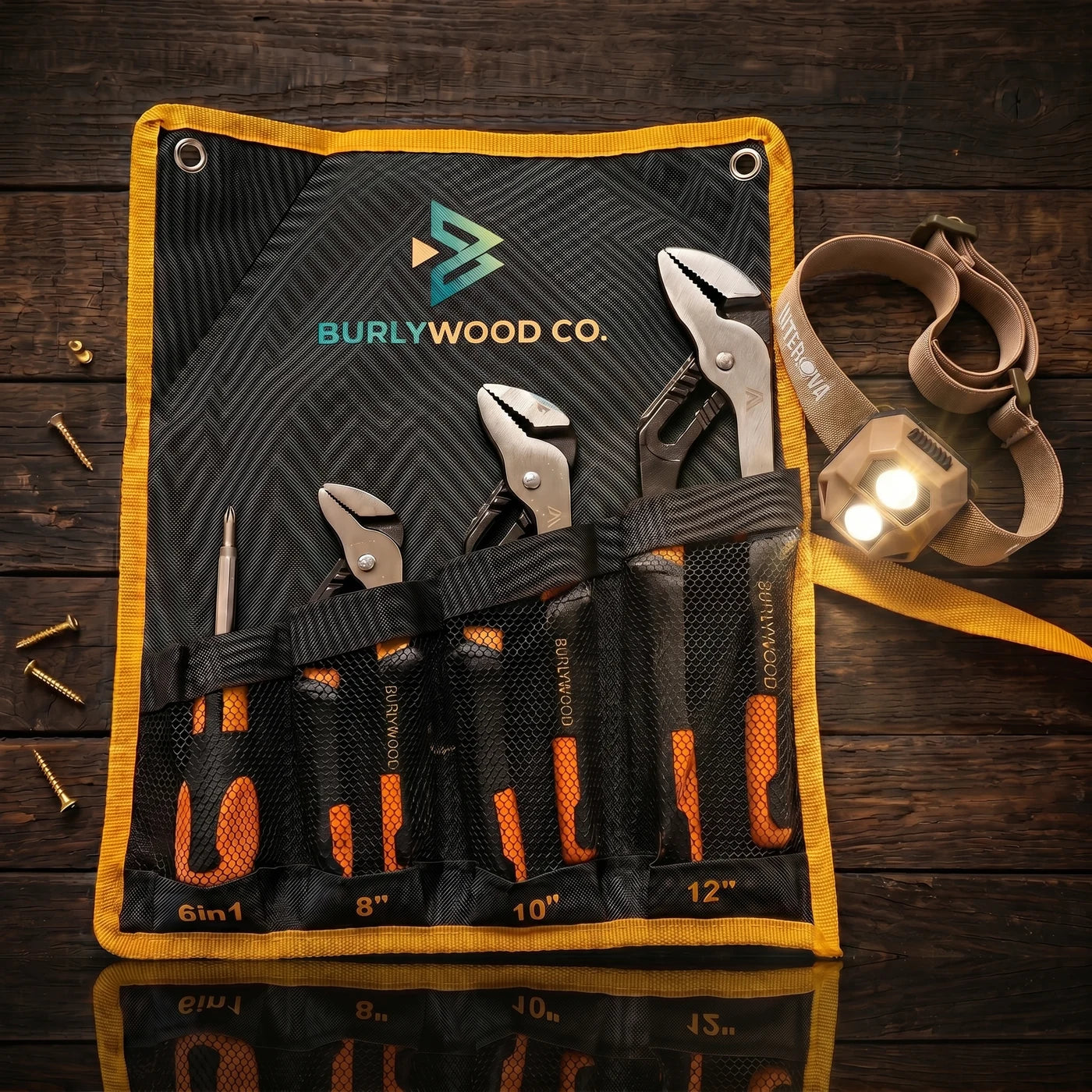 Father's Day Fix-It Kit with groove pliers, screwdriver, roll-up tool bag, and LED headlamp