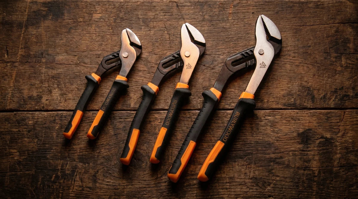 Three groove joint pliers in 8 inch, 10 inch, and 12 inch sizes