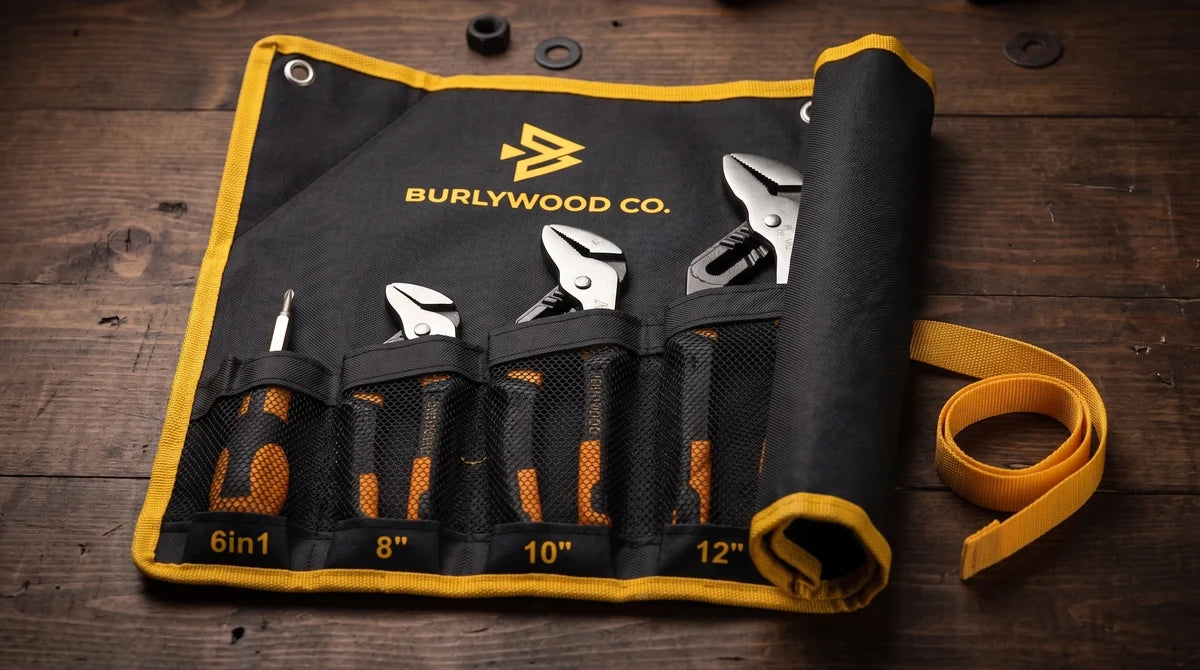 Roll-up tool bag holding the groove pliers and screwdriver