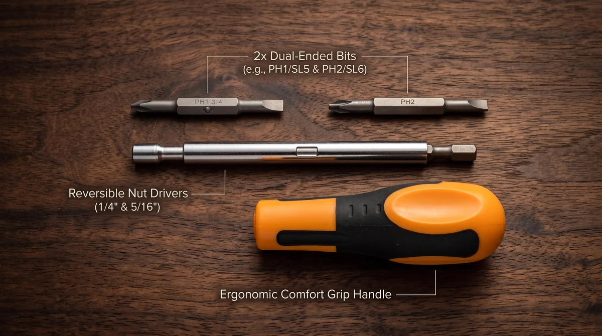 Bonus 6-in-1 screwdriver with reversible bits and nut drivers