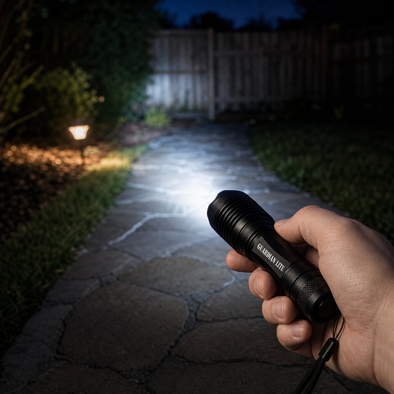 Guardian LTE lighting a backyard path with a clear usable beam