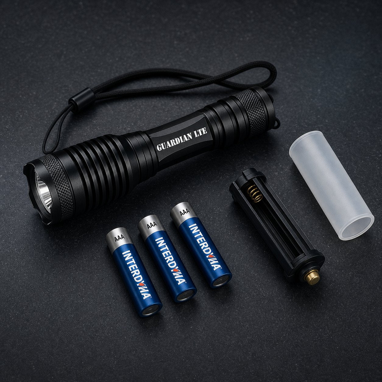 Guardian LTE with AAA carrier, three AAA batteries, and 18650 sleeve