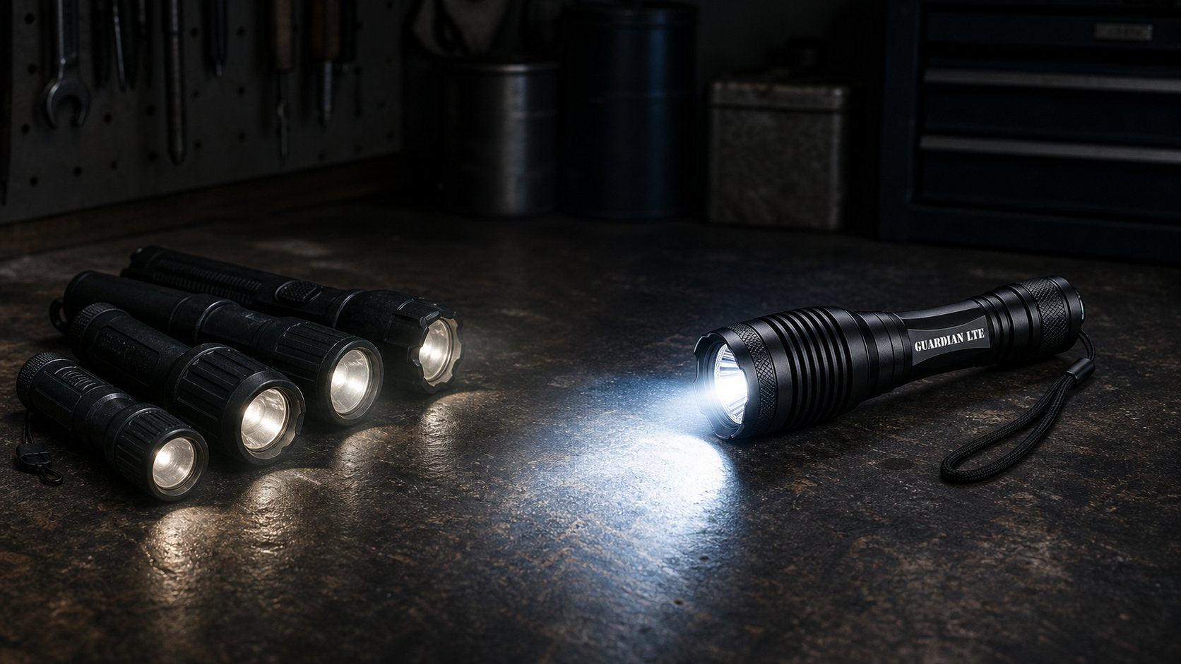 Guardian LTE compared with dim generic plastic flashlights on a dark workbench