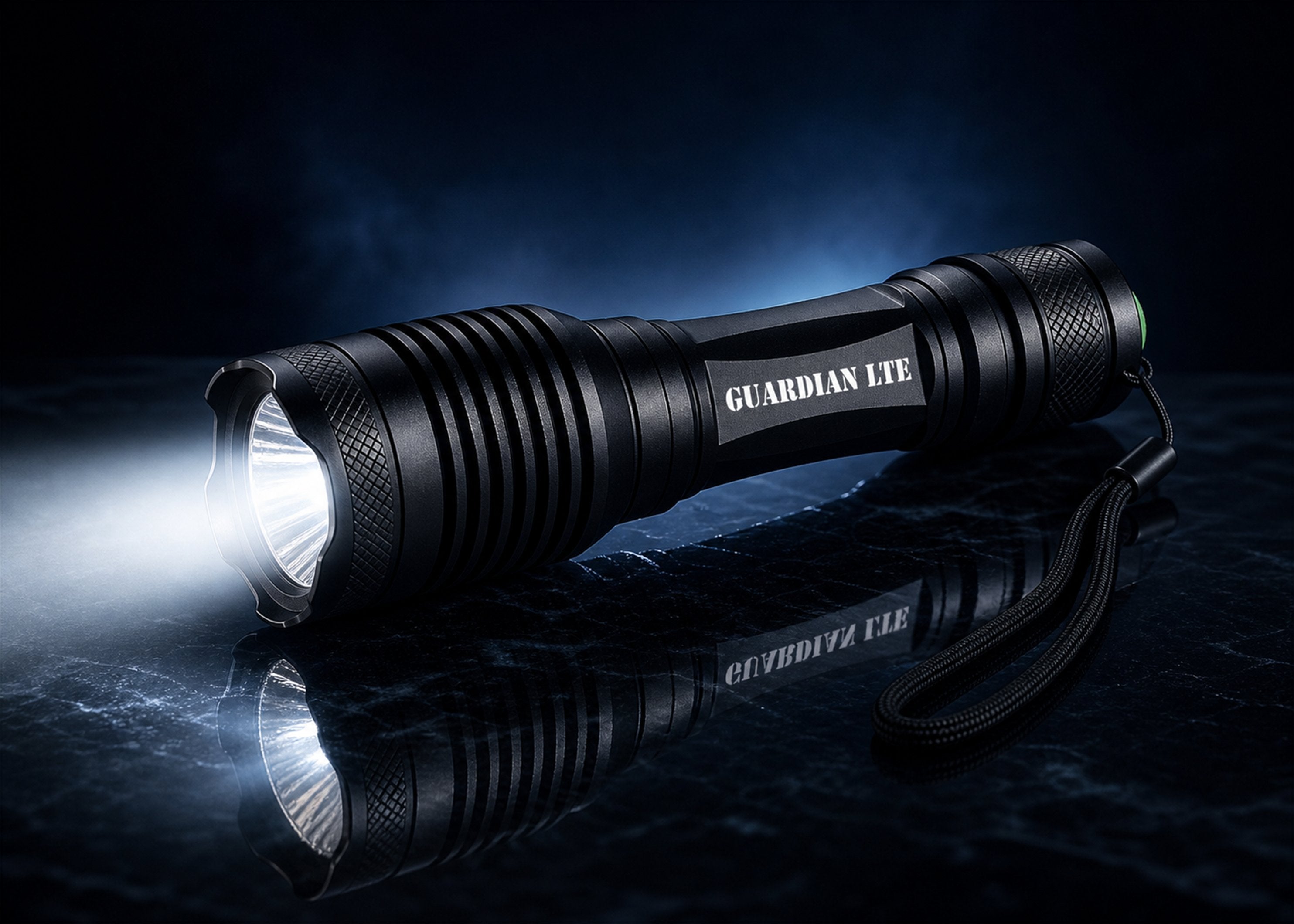 Guardian LTE tactical flashlight turned on with a focused beam on a dark reflective surface