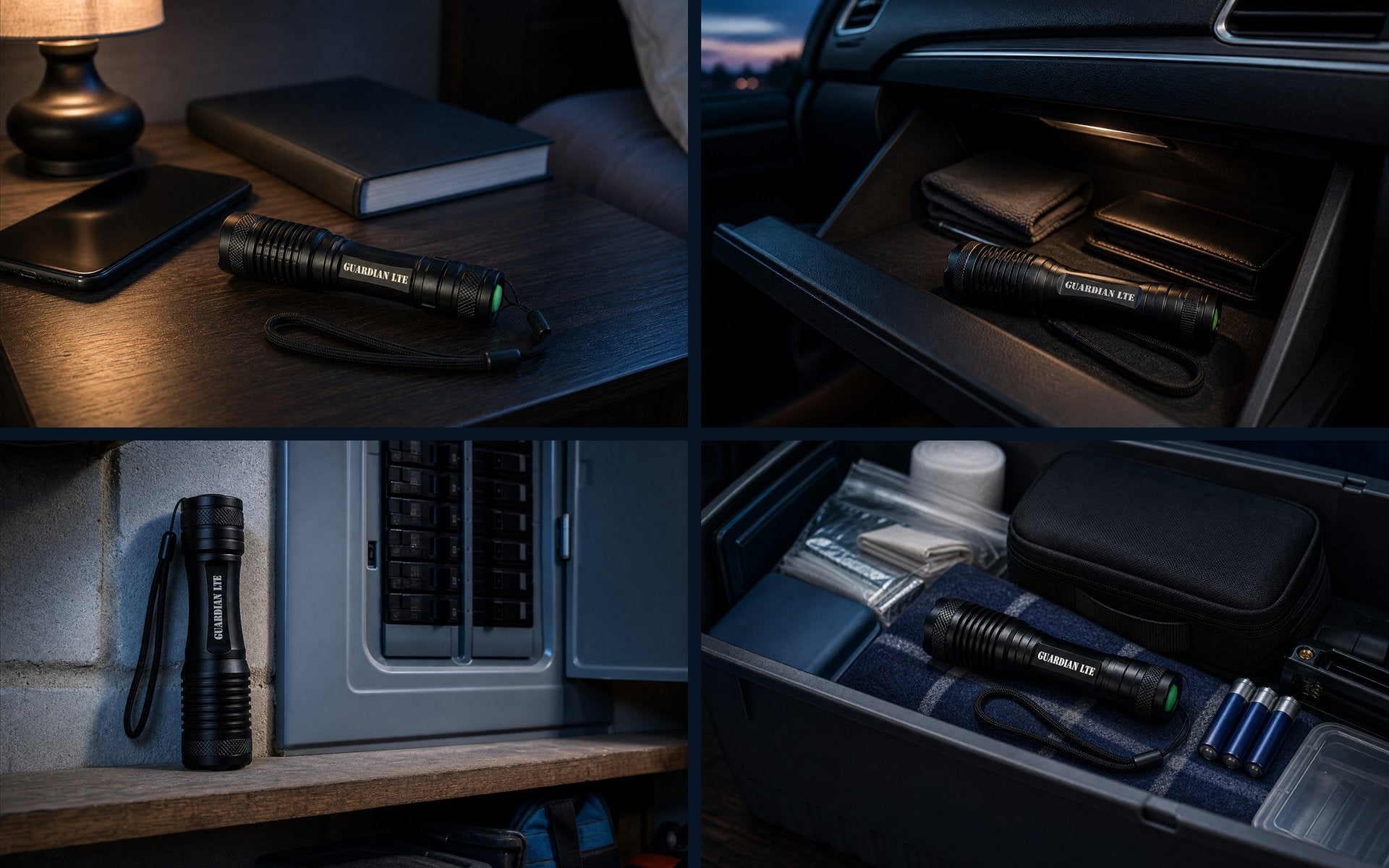 Guardian LTE staged in home, vehicle, garage, and emergency kit locations