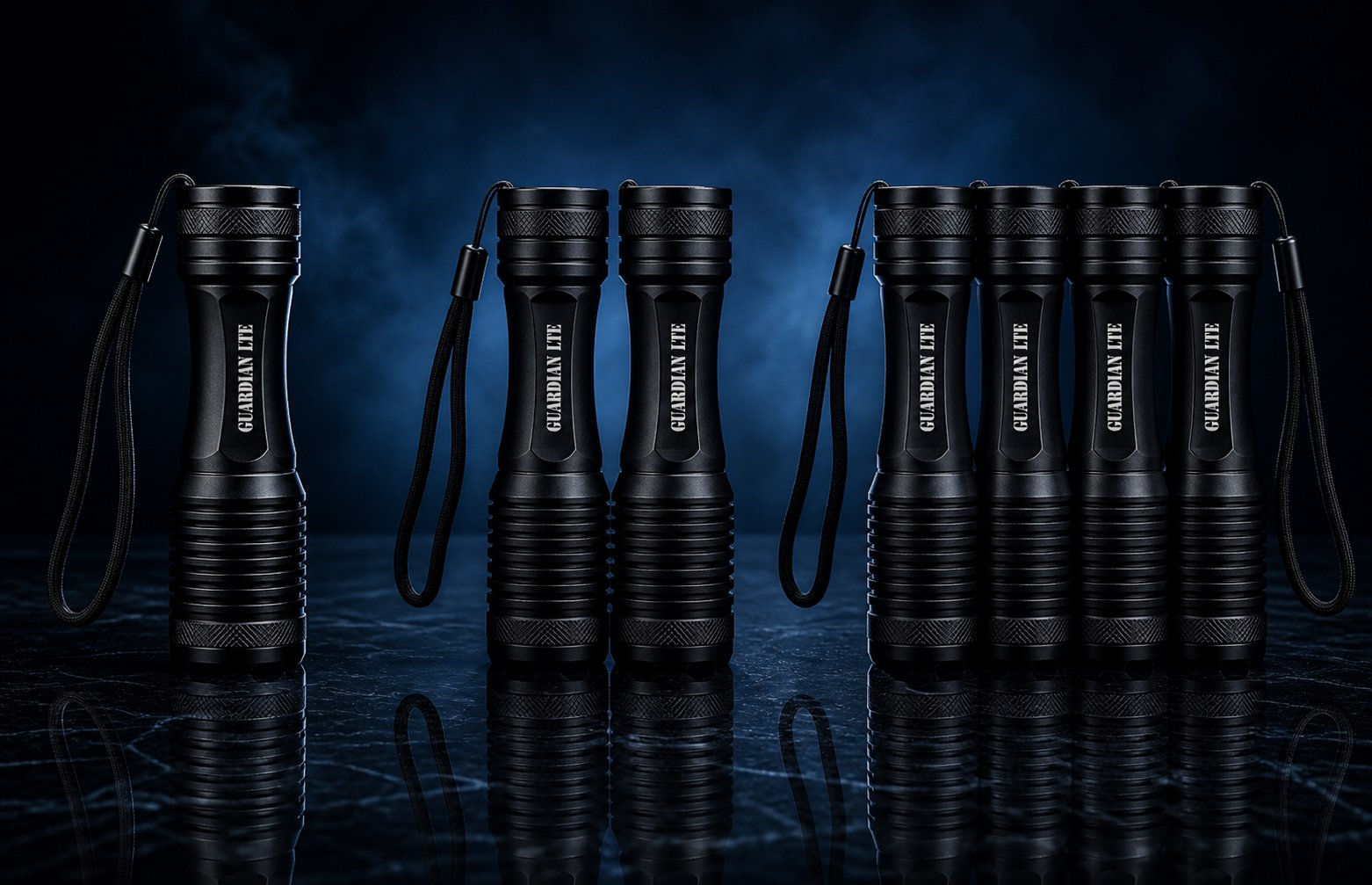 One, two, and four Guardian LTE flashlight pack groupings on a dark surface