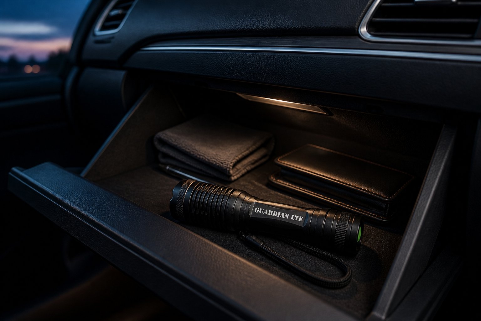 Guardian LTE stored in an open vehicle glovebox