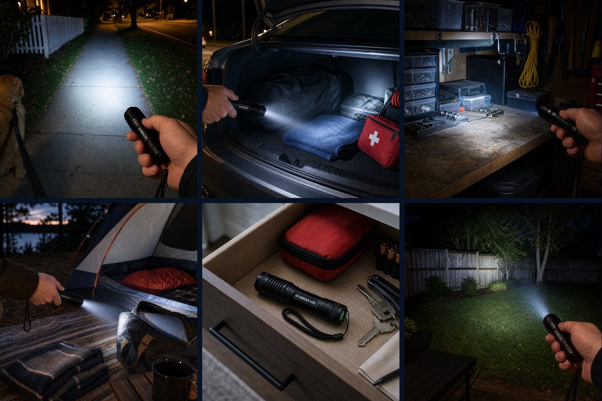 Six lifestyle scenes showing Guardian LTE in everyday dark and emergency-use moments