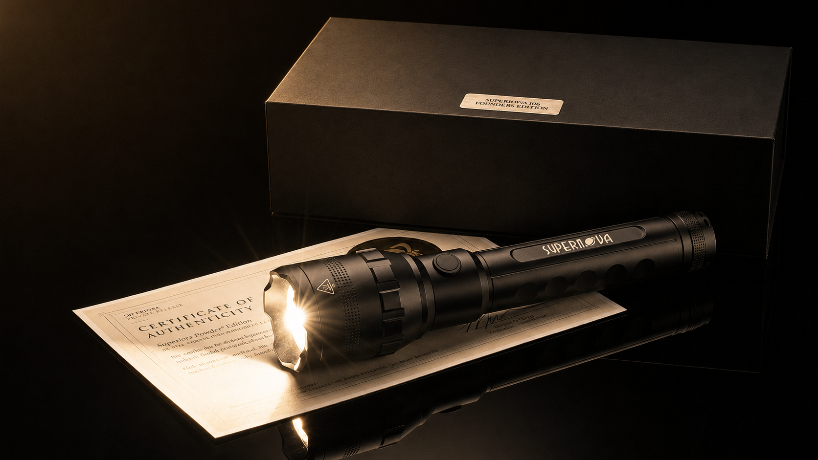 Supernova 10K Founder’s Edition flashlight with certificate and black magnetic gift box