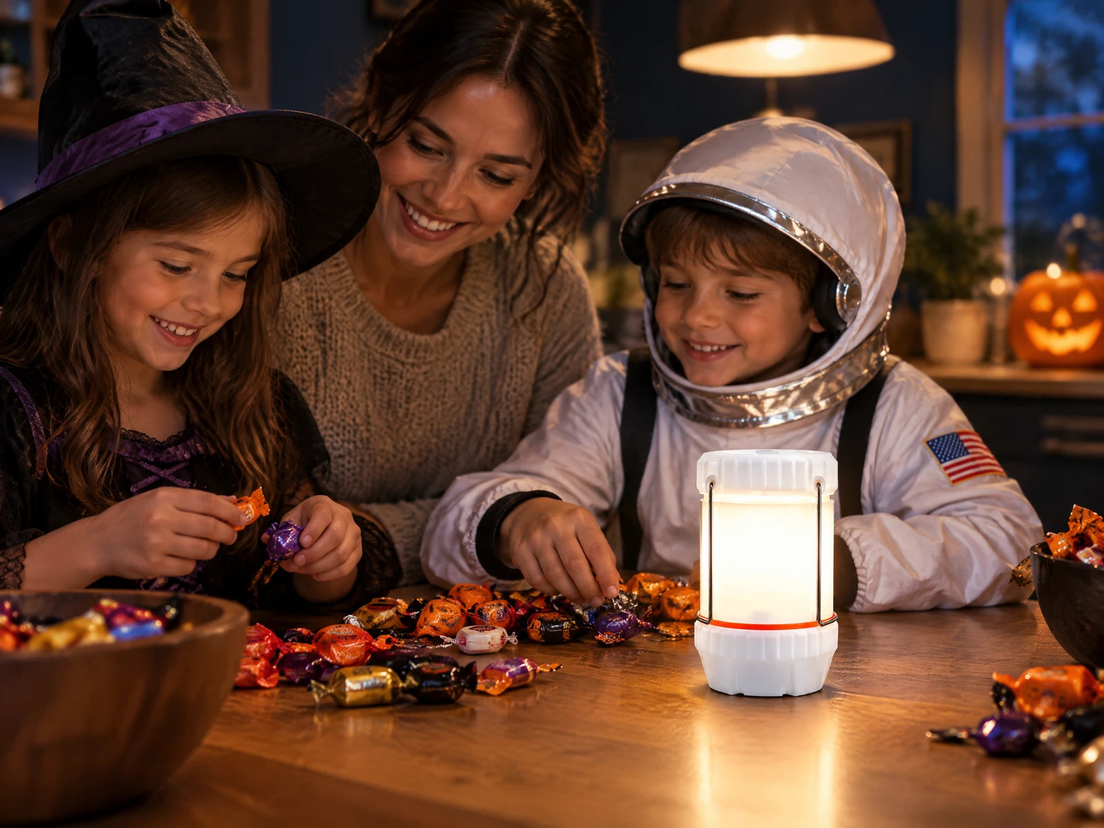 The junior monster glowing beside a family sorting halloween candy.