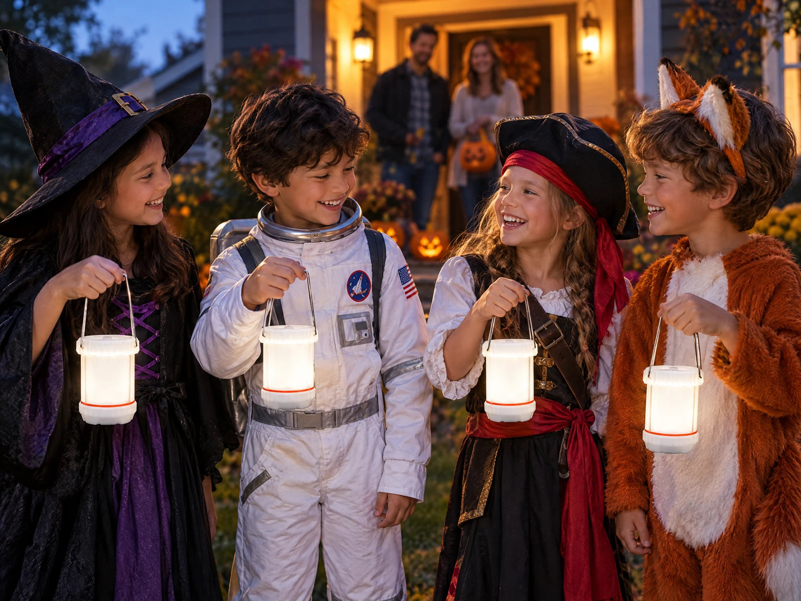Four costumed friends each holding a junior monster lantern.