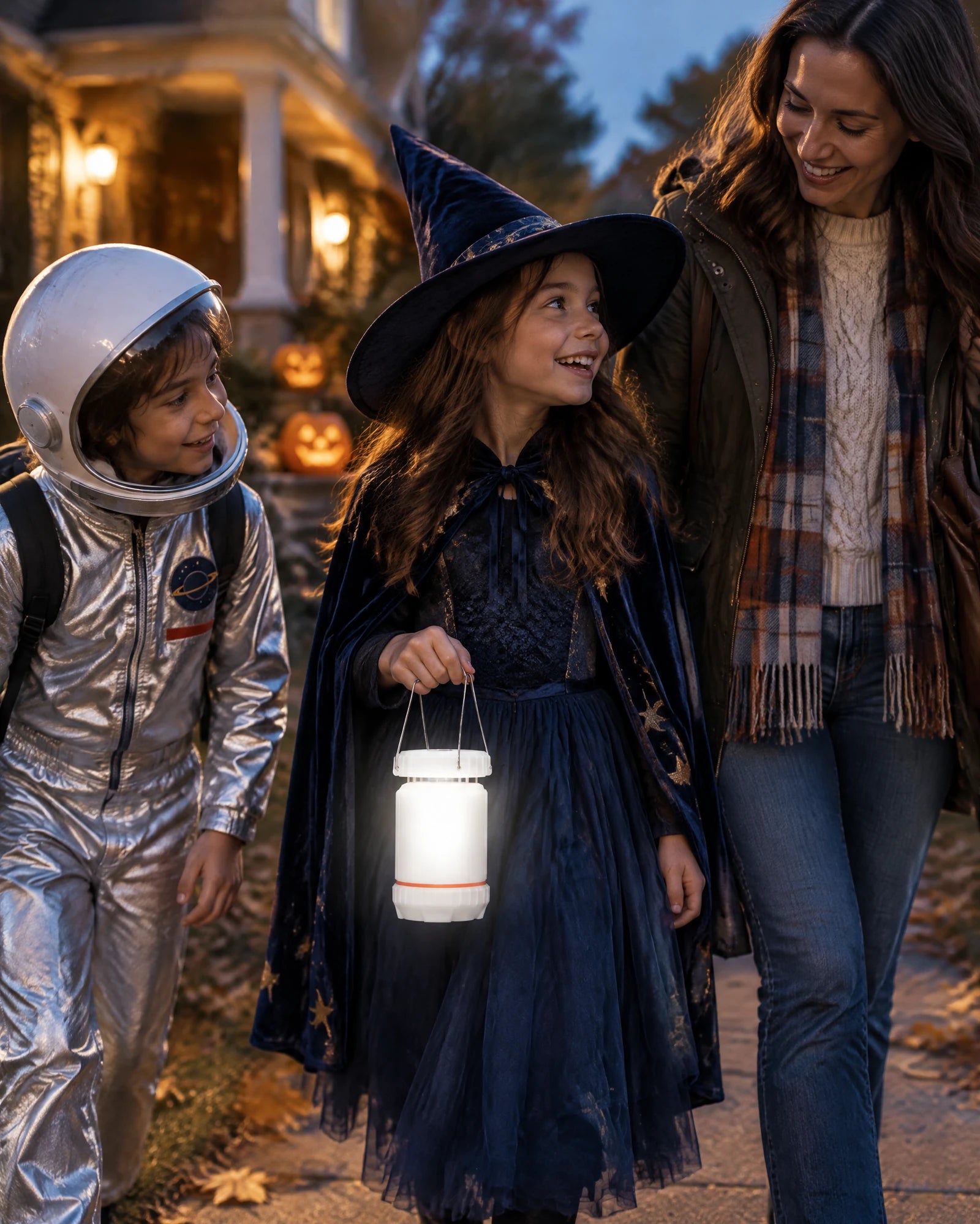 A costumed child carrying a ghost white junior monster lantern with a parent nearby.