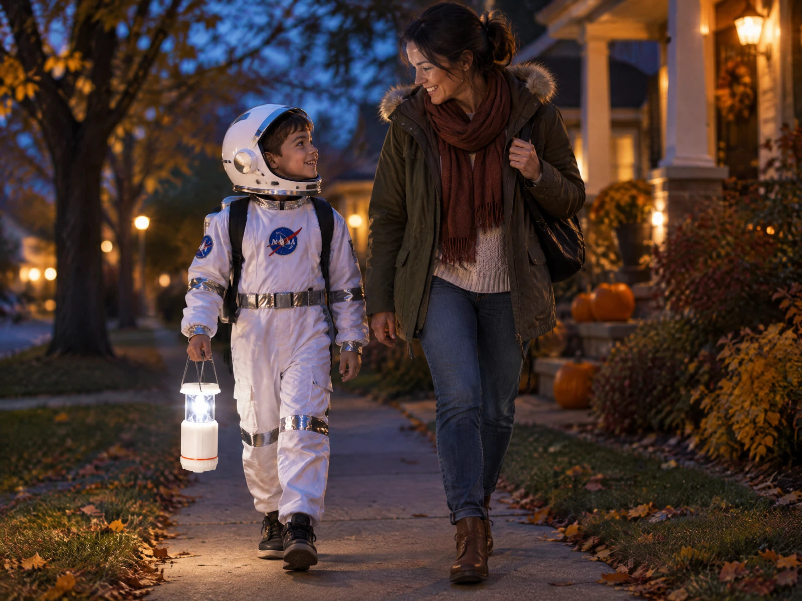 A parent and child walking together with light on the sidewalk.