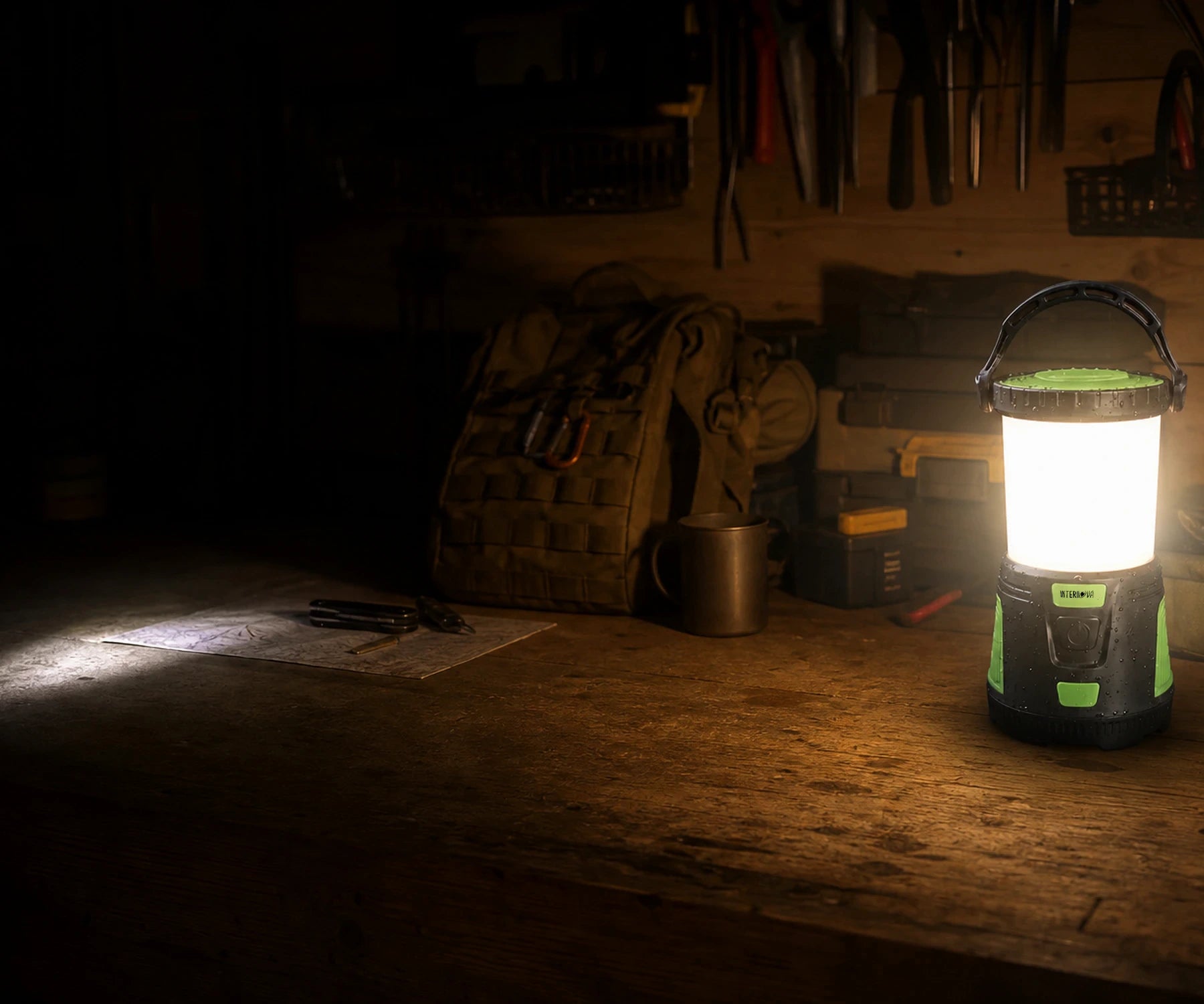 Monster 2000 illuminating a dark garage workbench.