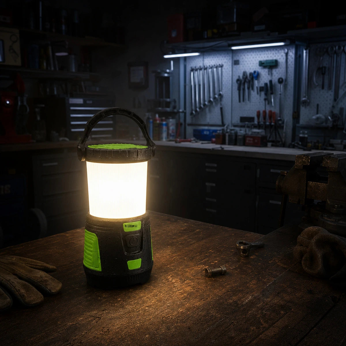 Monster 2000 lantern illuminating a dark room at full brightness.
