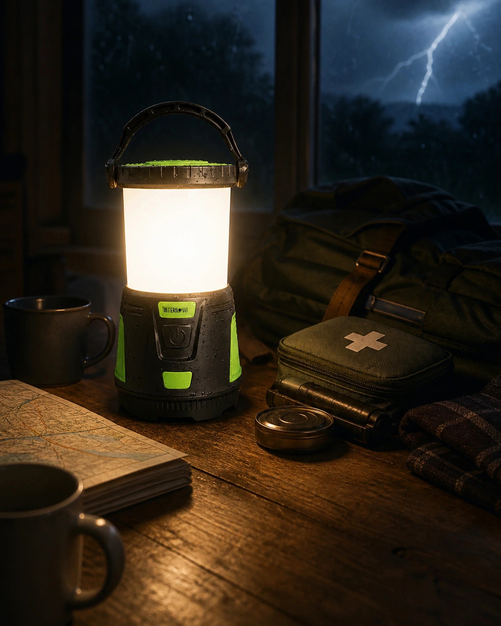 Intervine Monster 2000 lantern illuminating a dark room.