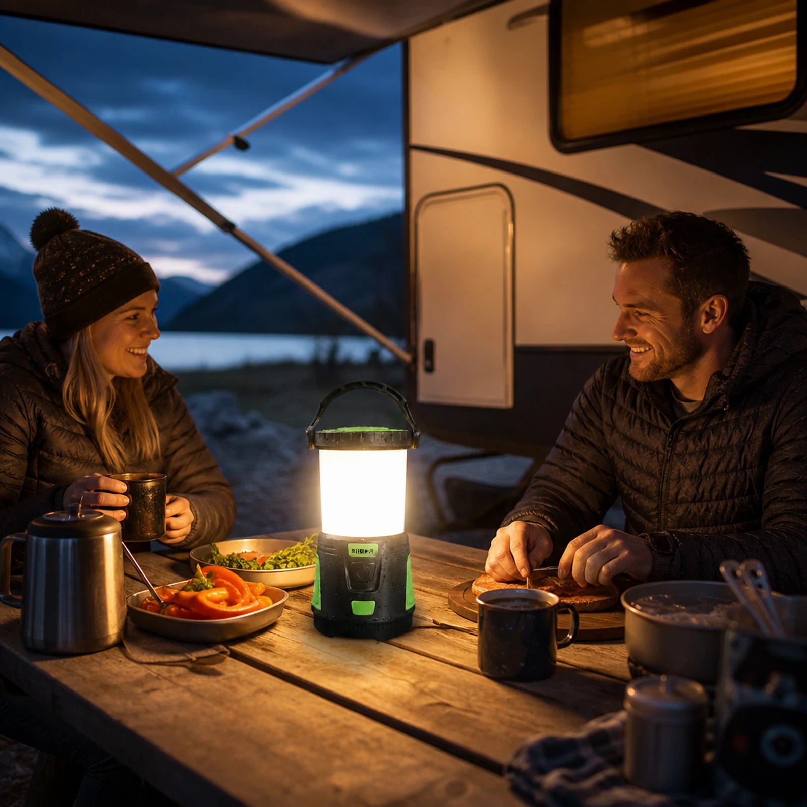 Monster 2000 lighting a campsite table and tent.