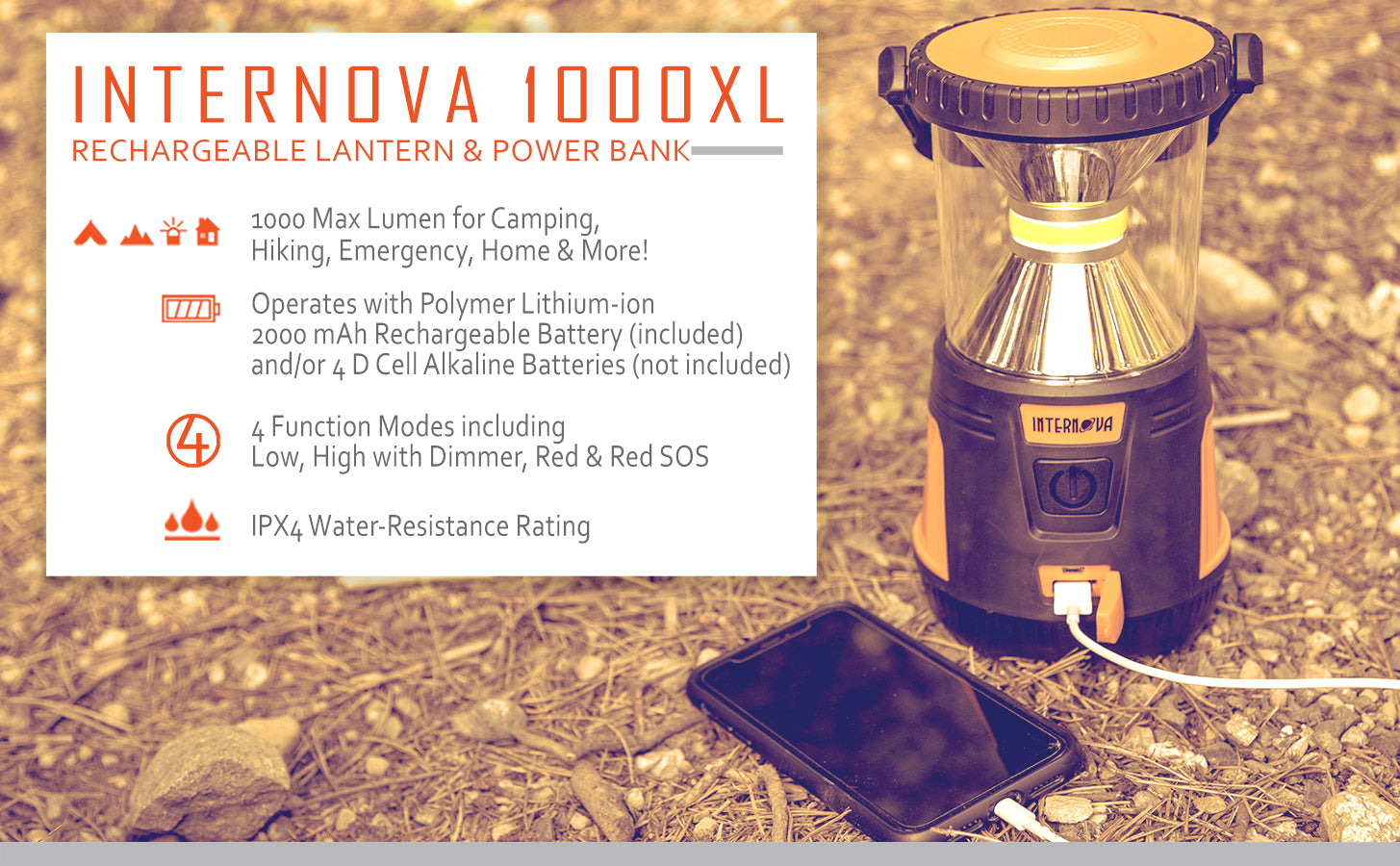Internova Monster Rechargeable Camping Lantern and Power Bank (Orange)